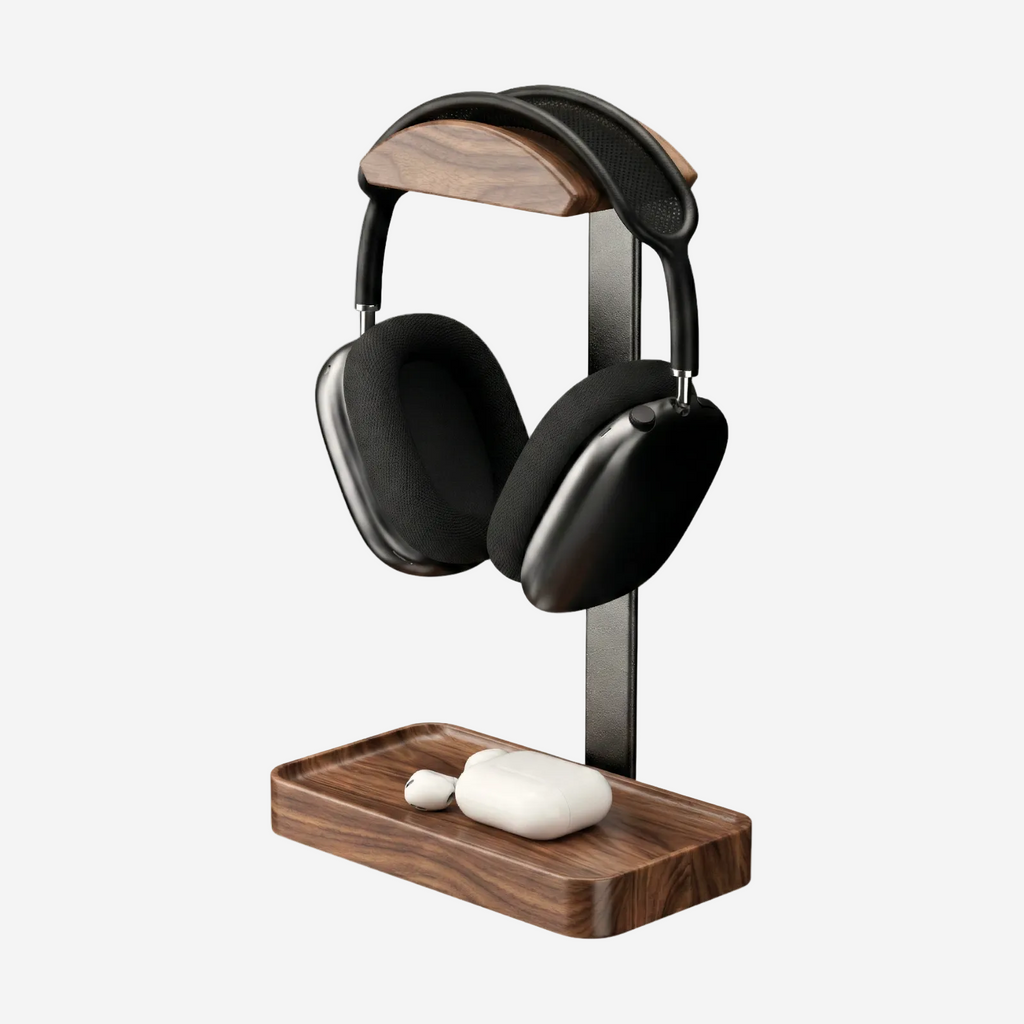 Musowood walnut wood and aluminum headphone stand with dual-curve support