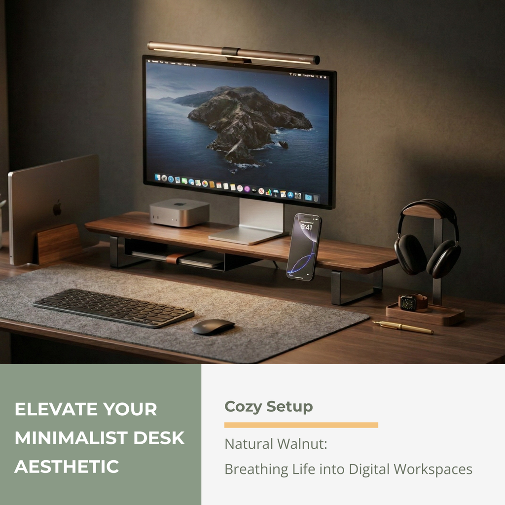 Minimalist walnut desk setup with Musowood wooden headset holder