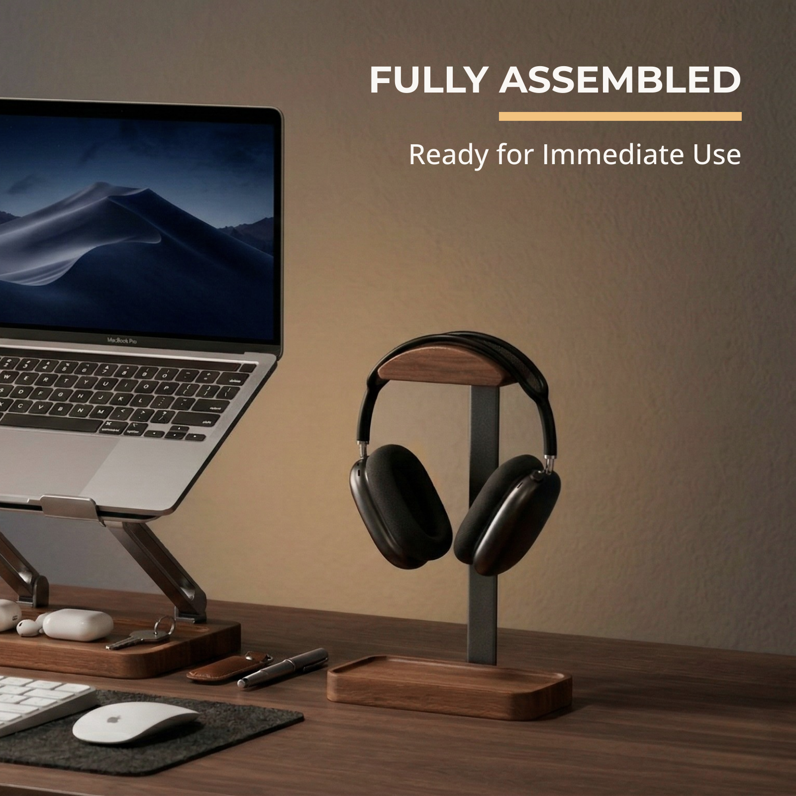 Minimalist walnut desk setup with Musowood wooden headset holder