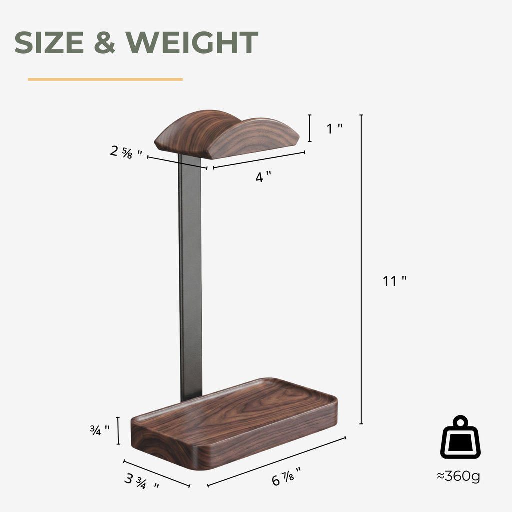 Musowood walnut wood and aluminum headphone stand with dual-curve support