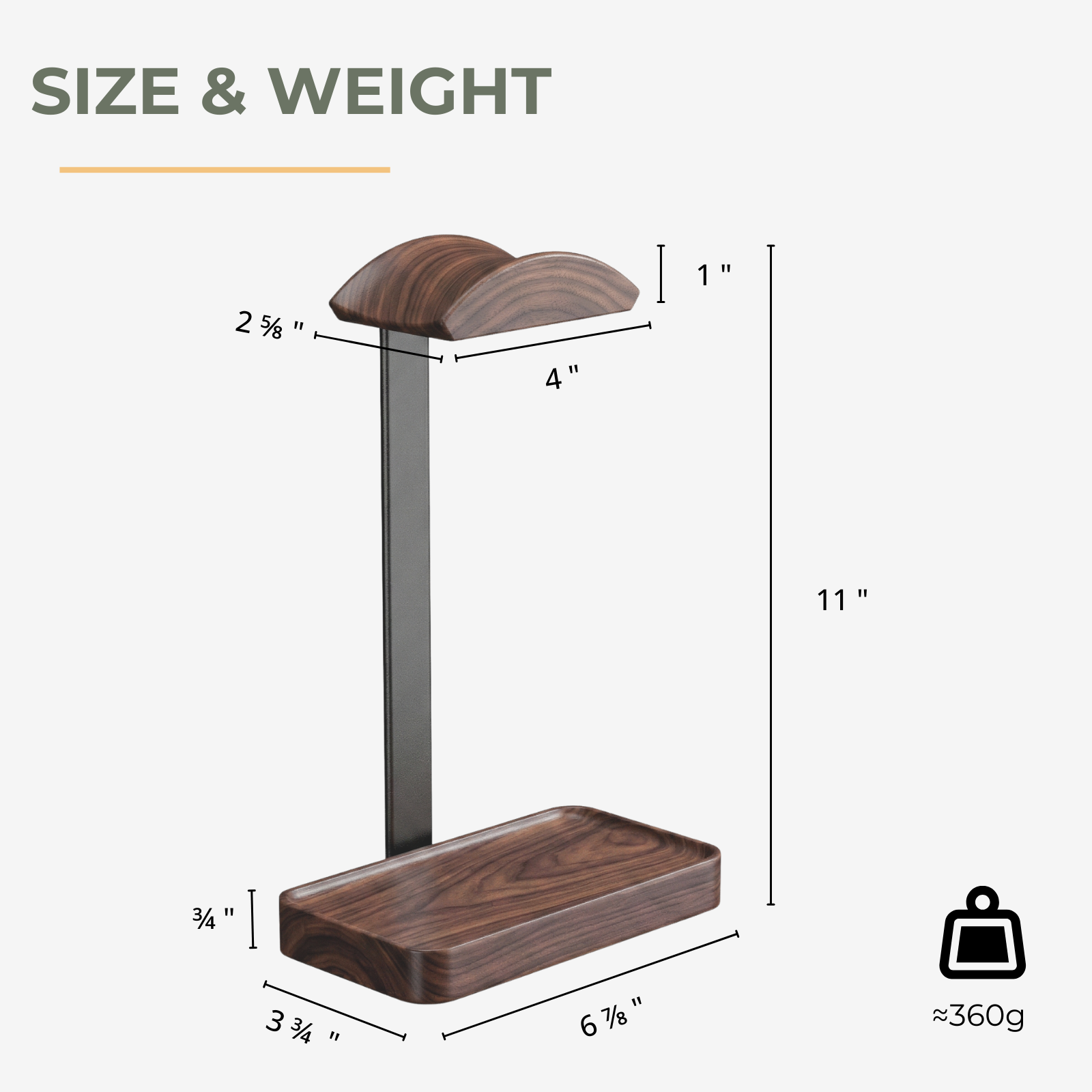 Musowood walnut wood and aluminum headphone stand with dual-curve support