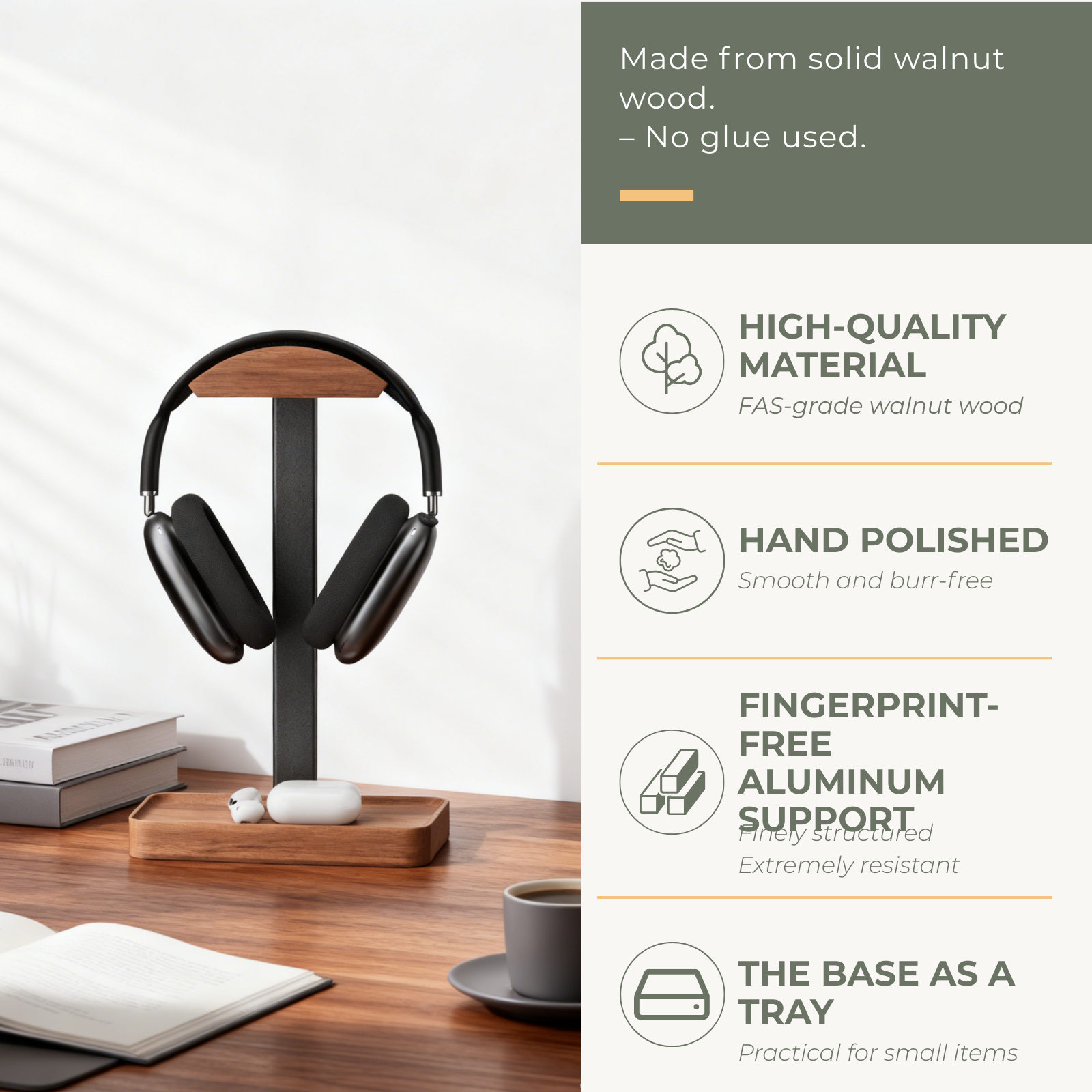 Musowood walnut headphone stand base with storage tray for AirPods and cables